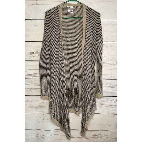 Eileen Fisher Boucle Stripe Cascading Open Front Cardigan  Women Size L Gray/Tan - Picture 9 of 12